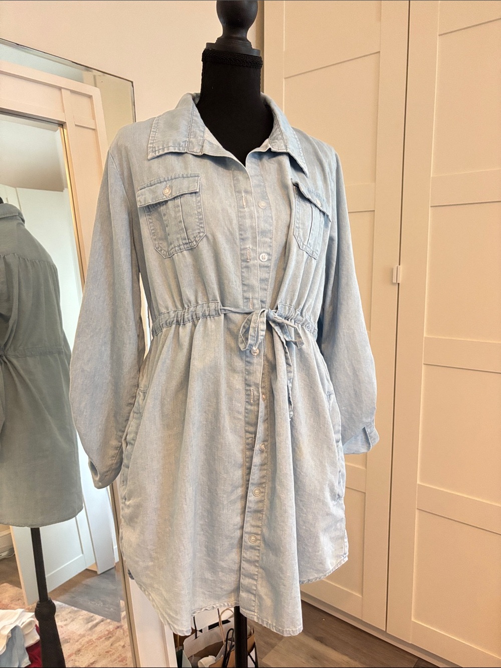 Light Wash Denim Shirt with Drawstring Waist Coverup